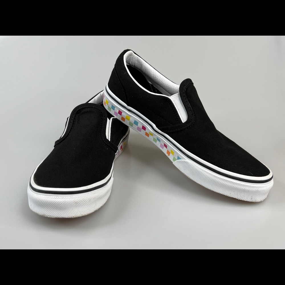 Vans Off the Wall Classic Slip On Kids Size 3 Black w Colored Checkered Sides